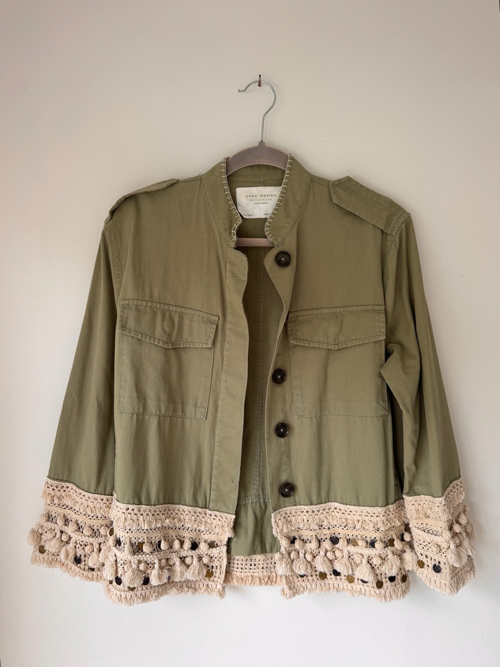 Zara Olive Green Utility Jacket with Cream Crochet Trim